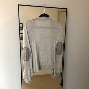Gray cardigan with dark gray elbow patches